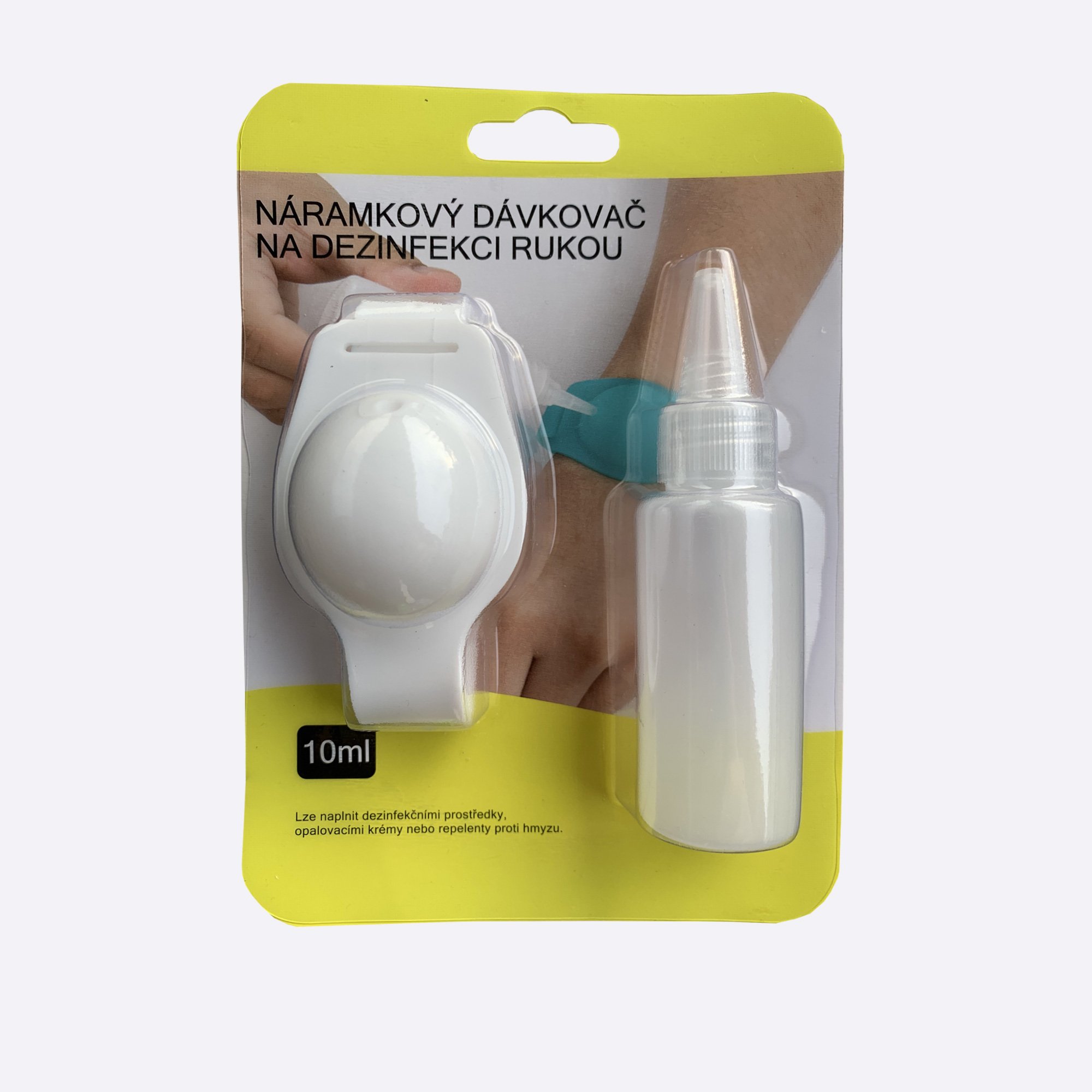 Bílý náramkový dávkovač na dezinfekci balení