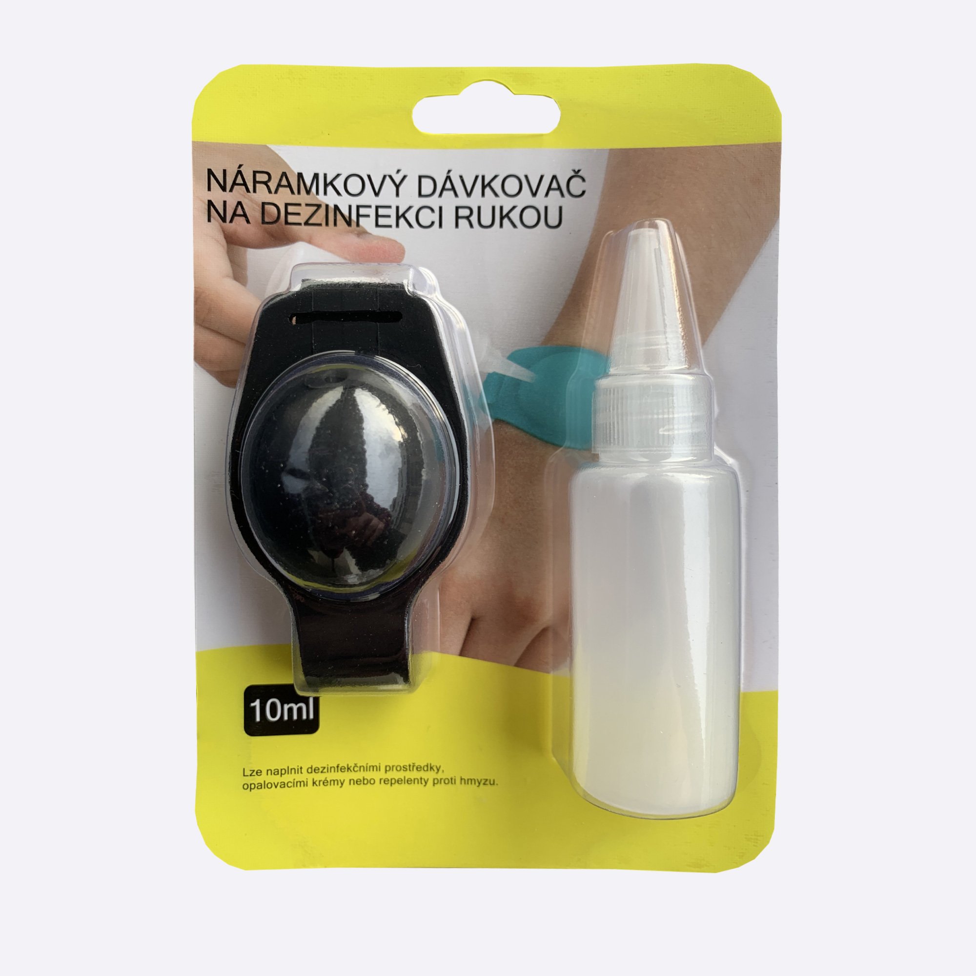 Černý náramkový dávkovač na dezinfekci balení