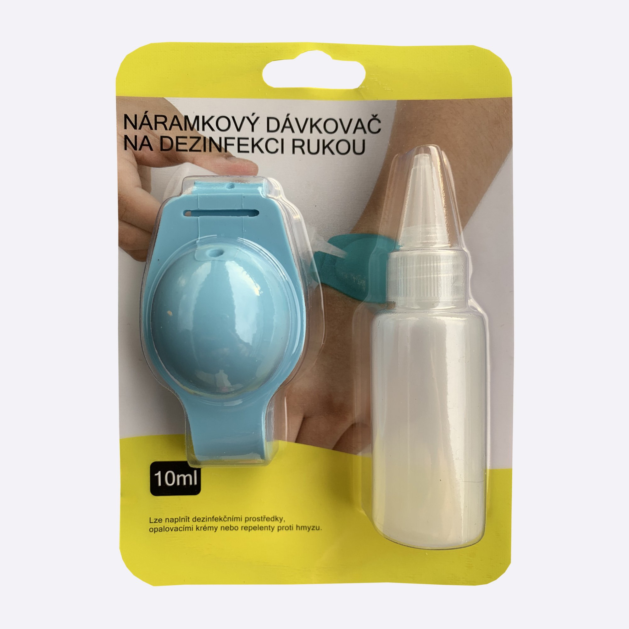 Modrý náramkový dávkovač na dezinfekci balení